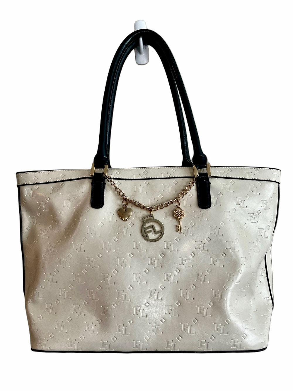 FRANK Lyman Designer Cream Tote Bag  Full Zip Black Handles Gold Charm
